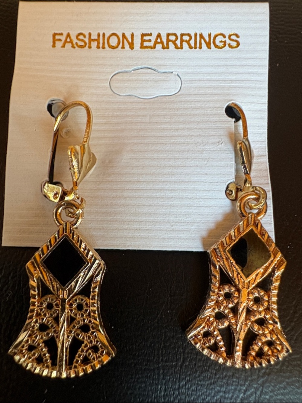 NWOT Gold and Black Faux Onyx Drop Filigree Earrings Holiday Bell Accessory